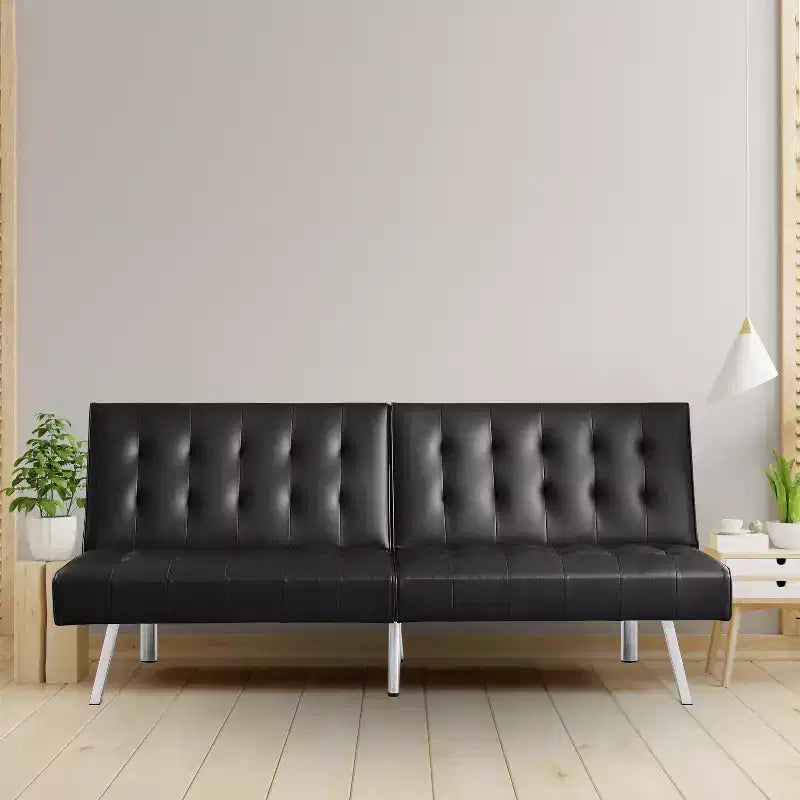 Getuftetes Futonsofa mit geteilter Rückenlehne, Schlafsofa mit verchromten Beinen