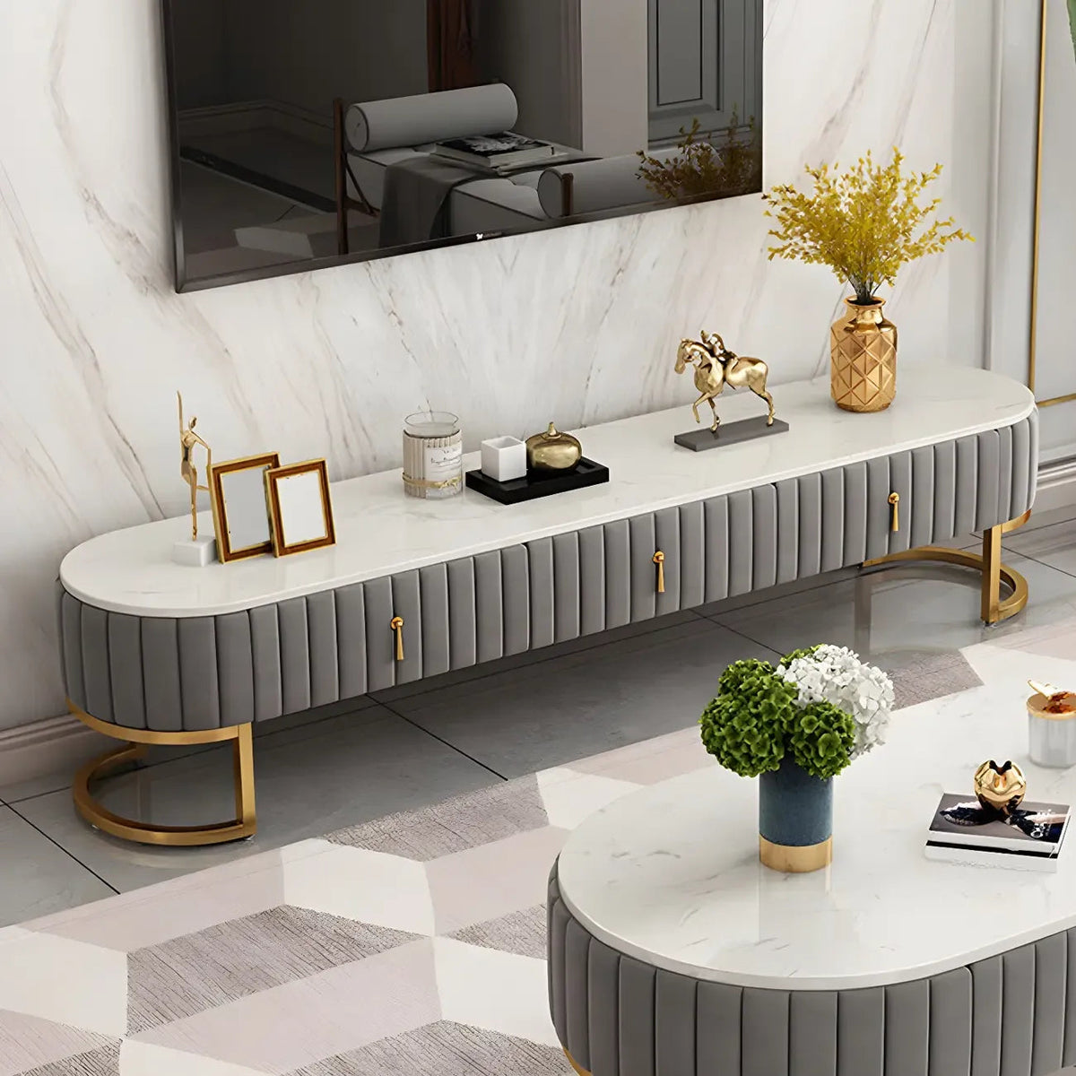 79 Glam Grey Marble Storage TV Stand with Legs