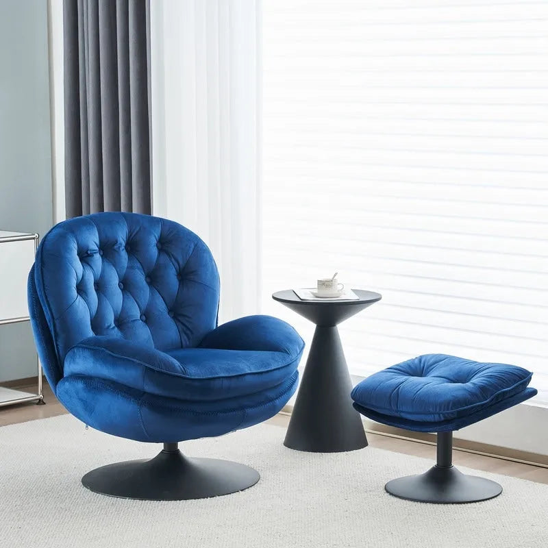 Fluwelen draaifauteuil met voetenbank, ronde leesfauteuil met voetenbankset, 360 draaibaar, metalen frame