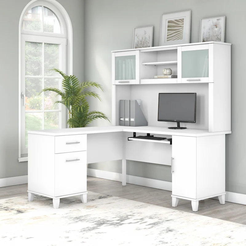 Bureau Bush Furniture Somerset 60W en forme de L avec meuble de rangement supérieur