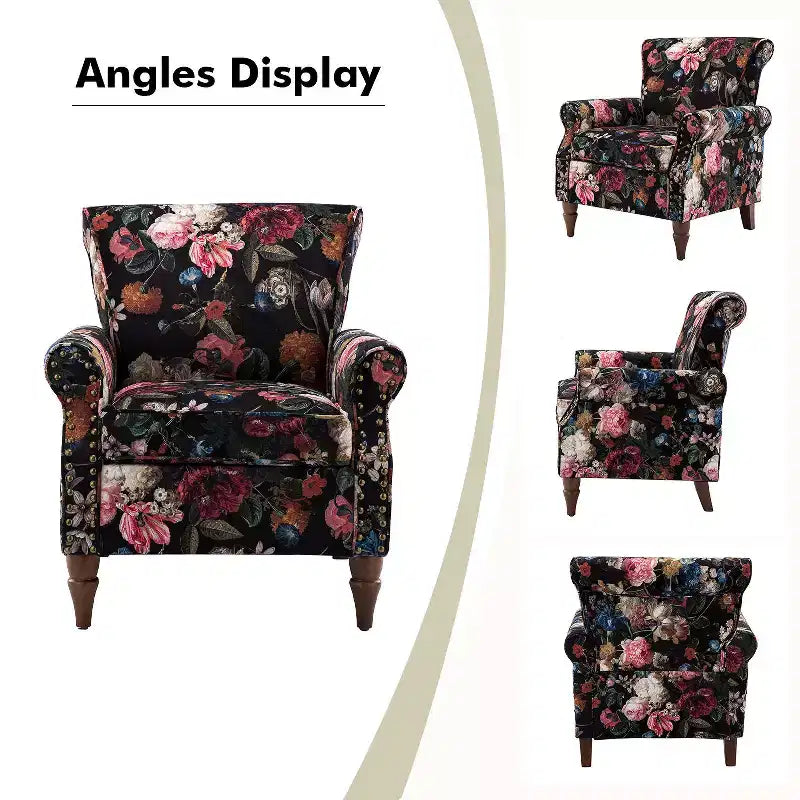 Araceli traditionele houten fauteuil met bloemenstof, hoge rugleuning met vleugels en siernagels| ART OF LIVING DESIGNS