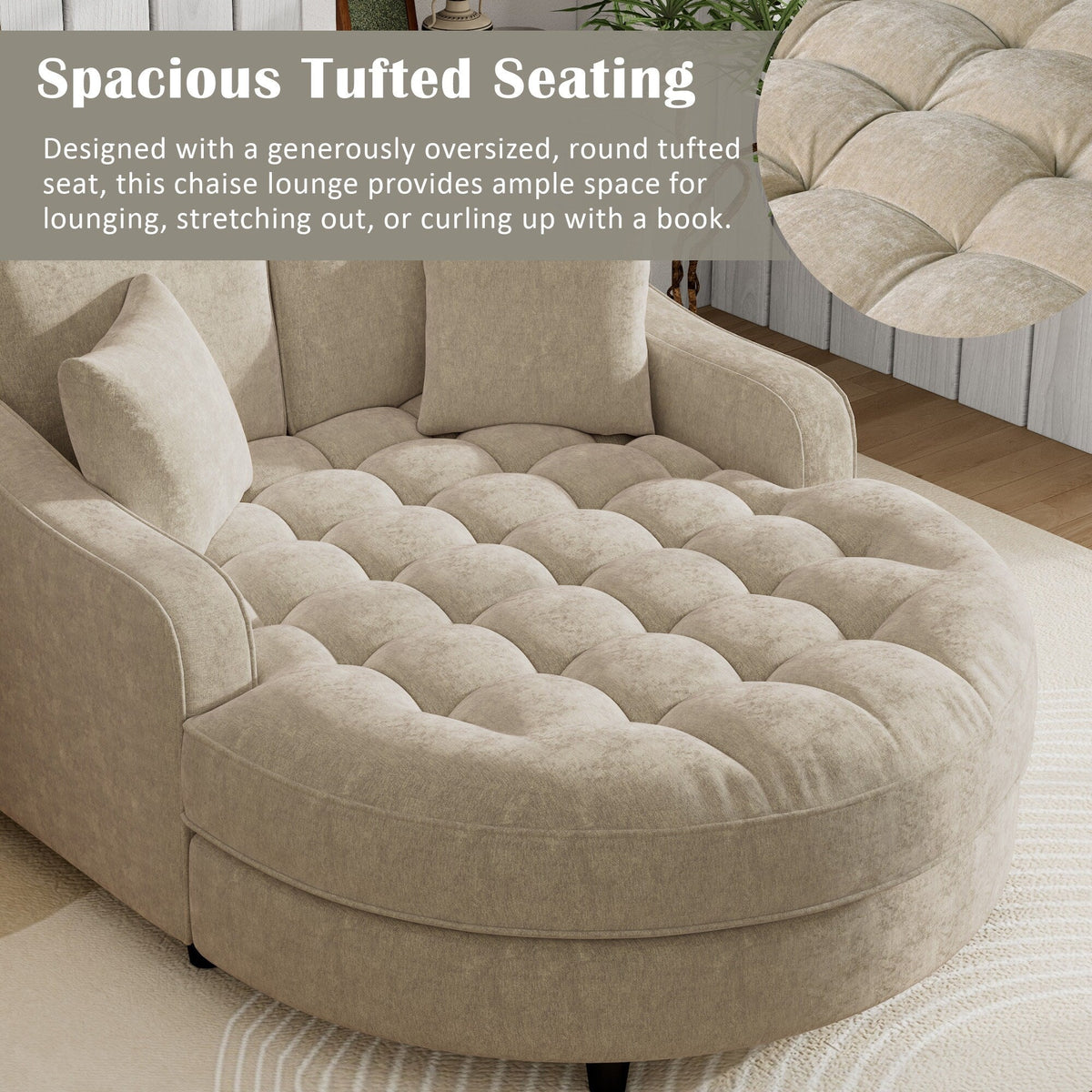 Chaiselongue-Schlafsofa aus Chenille, gepolstertes Sofa mit gesteppter Rückenlehne und 2 abnehmbaren Kissen für das Wohnzimmer