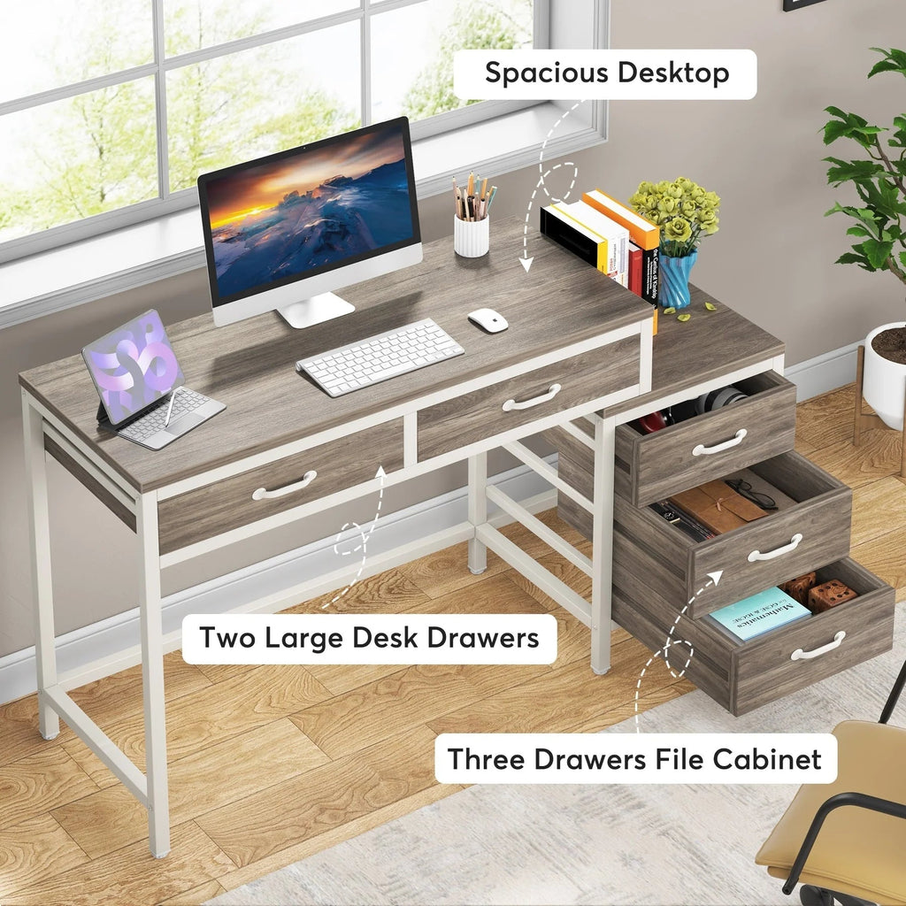 Wendbarer Computerschreibtisch mit 5 Schubladen, Schreibtisch fürs Homeoffice mit Aktenschublade und Druckerständer