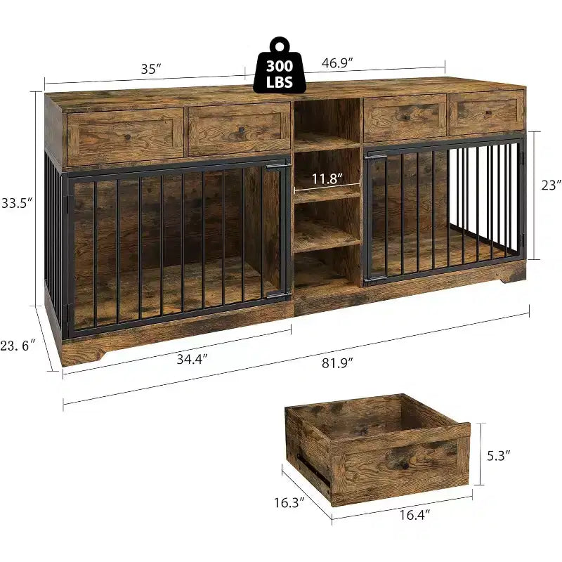 Meuble double cage pour chiens 82, grand chenil d’intérieur pour 2 chiens, cage en bois robuste faisant office de meuble TV avec 4 tiroirs et des étagères