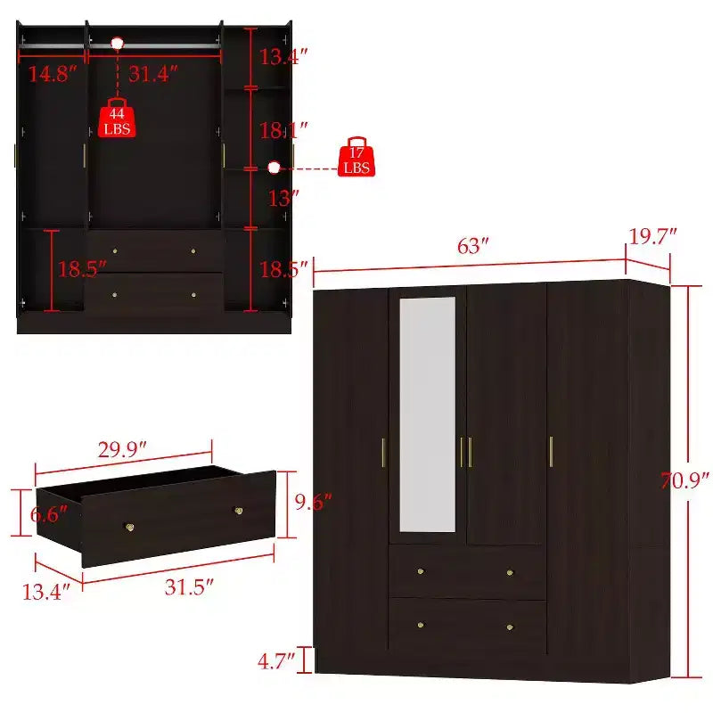 Hitow Kleiderschrank mit 2 großen Schubladen, mittigem Hängbereich und Spiegel, minimalistischer Stil