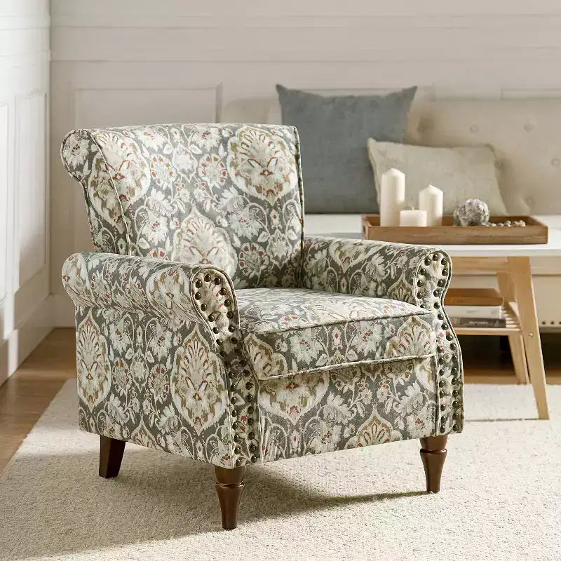 Araceli traditionele houten fauteuil met bloemenstof, hoge rugleuning met vleugels en siernagels| ART OF LIVING DESIGNS