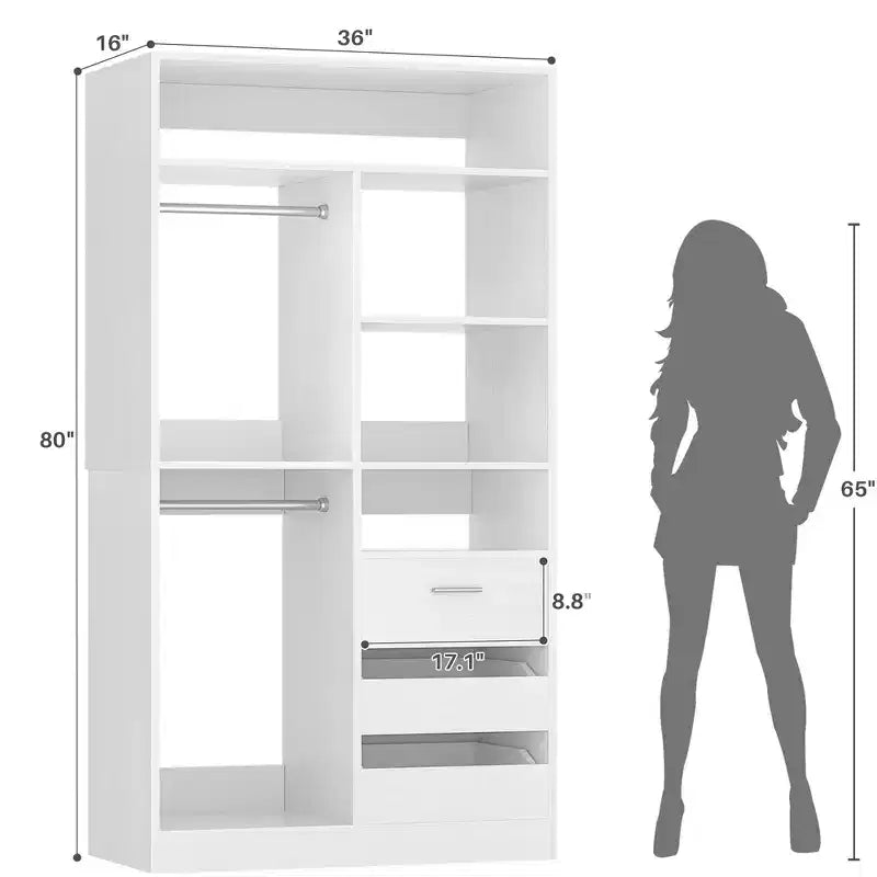 Organizer per armadio con cassetti in legno, sistema guardaroba indipendente con aste appendiabiti