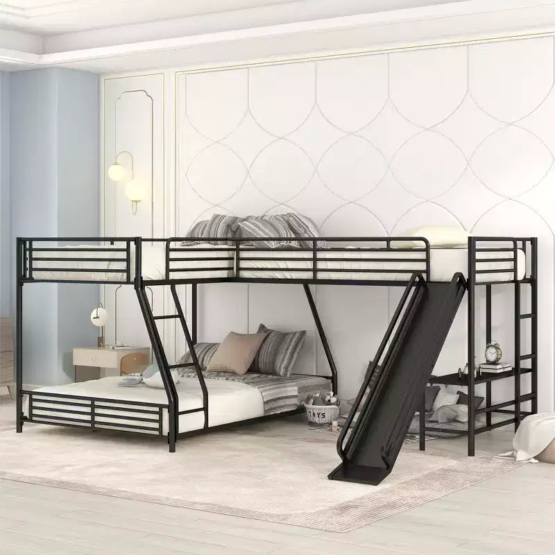 Lit superposé en métal avec lits jumeaux et grand lit, lit superposé en forme de L pour 3 enfants, lit superposé triple robuste avec bureau et toboggan, noir