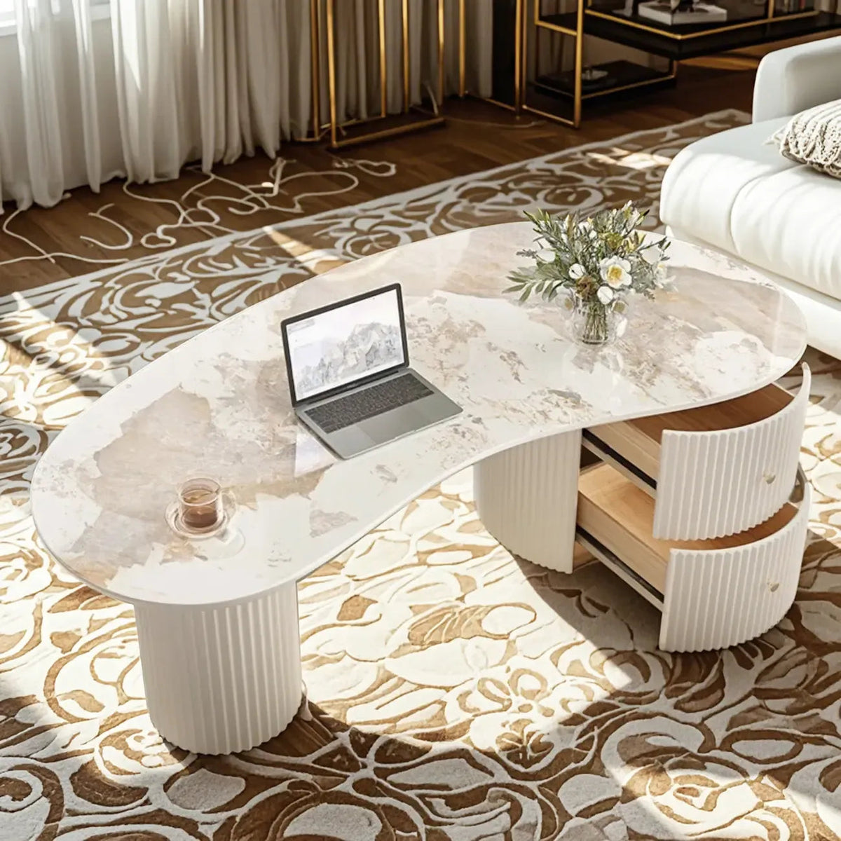 Minimalistische standaard witte ovale salontafel met 2 laden