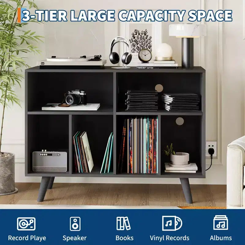 COZONY platenspelermeubel met vinylopslag, decoratieve boekenkast en platenspelerstandaard van 39.5, geschikt voor maximaal 350 platen, voor de woonkamer