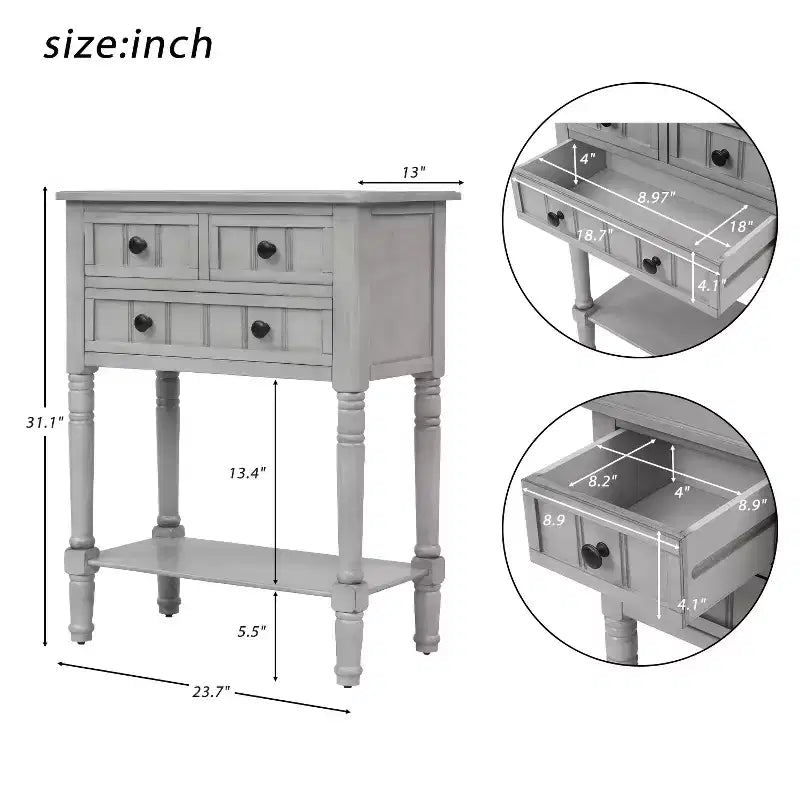 Console étroite de 23.7in avec 3 tiroirs et une étagère, table de canapé pour petit espace, entrée ou salon