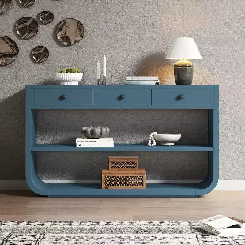 ModernLuxe gebogen sidetable, haltafel, bijzettafel naast de bank, displaystandaard en accenttafel met 3 softclose-lades en 2 open vakken