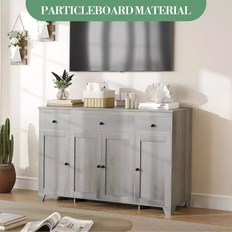 Buffet 55 avec 3 tiroirs et 4 portes, meuble de rangement de cuisine avec étagère réglable, pour la salle à manger ou le salon