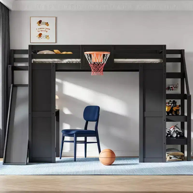 Luxystar großes Hochbett aus Holz mit Schreibtisch, Rutsche, Basketballkorb und Aufbewahrungstreppe für Kinder und Jugendliche