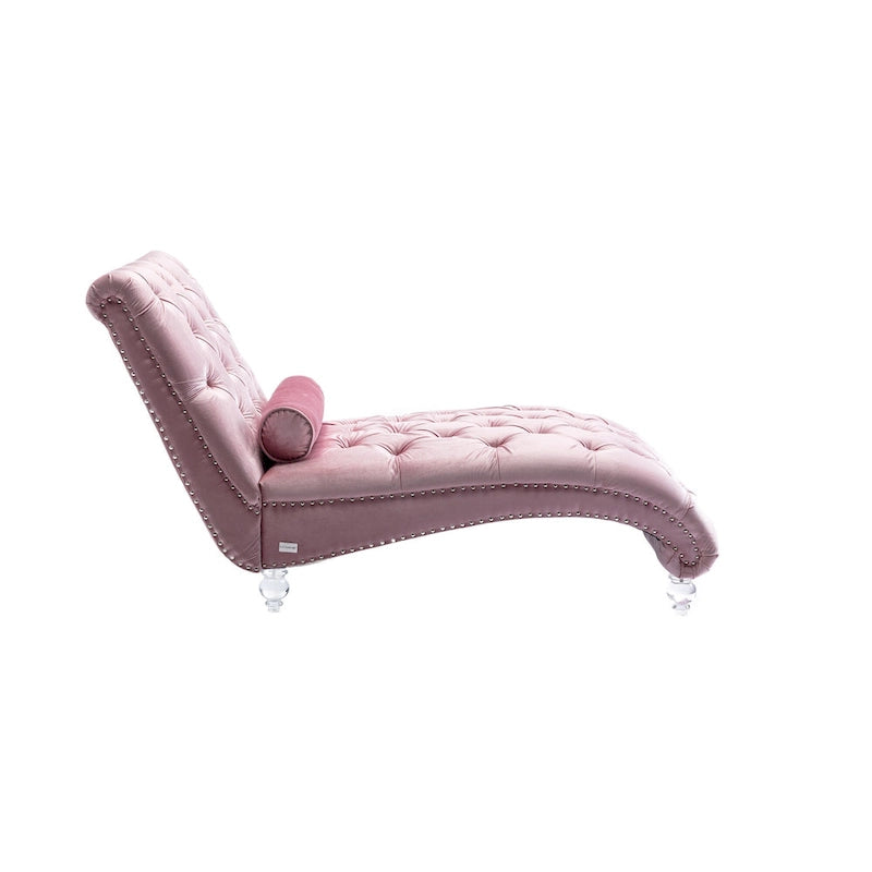 Chaise longue reclinabile imbottita in velluto con bottoni, cuscino e piedini in acrilico