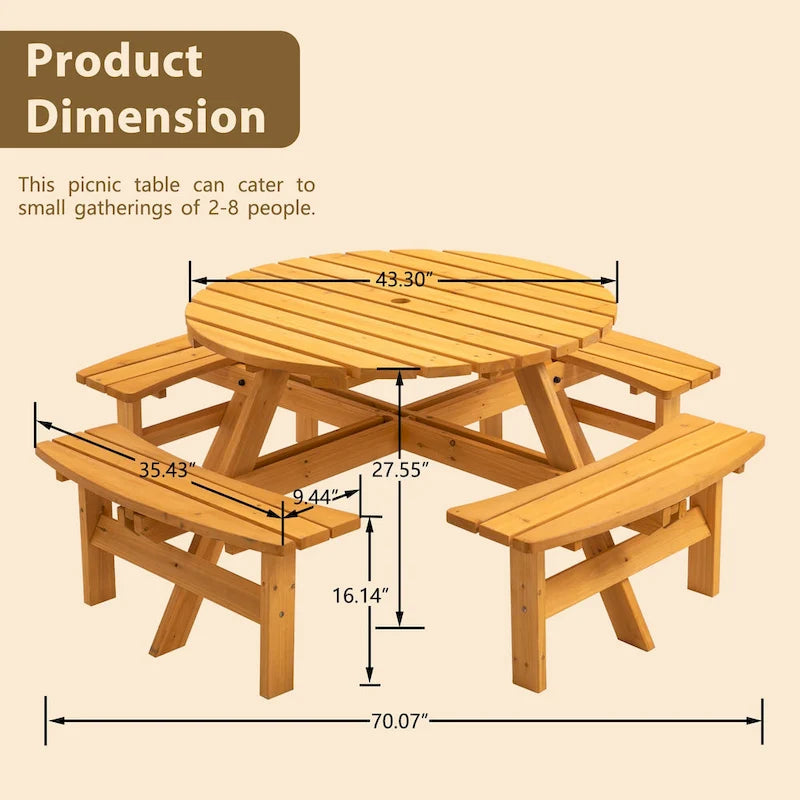 Ensemble de pique-nique rond en bois de sapin pour terrasse extérieure, pour 8 personnes, avec 4 bancs intégrés et un trou pour parasol