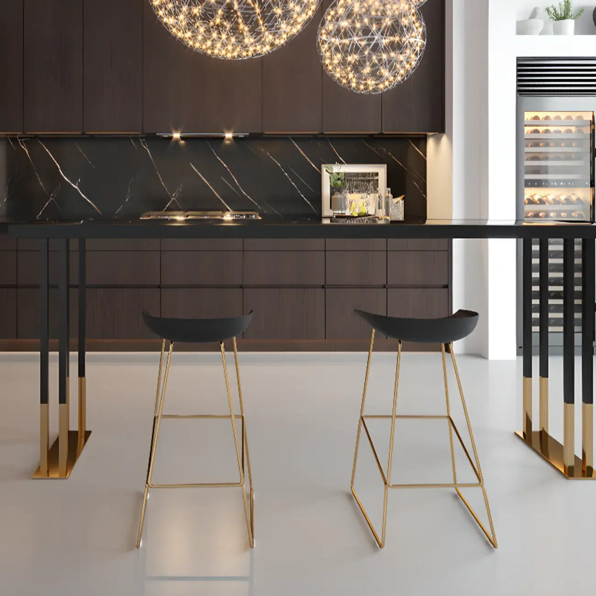 Luxe rechthoekige houten bartafel met gouden sledevoet om aan te dineren