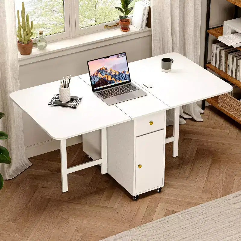 ATJafurn opklapbare eettafel van 59 inch met neerklapbare bladen voor kleine ruimtes, rechthoekige uitschuifbare houten keukentafel met wielen en opbergruimte