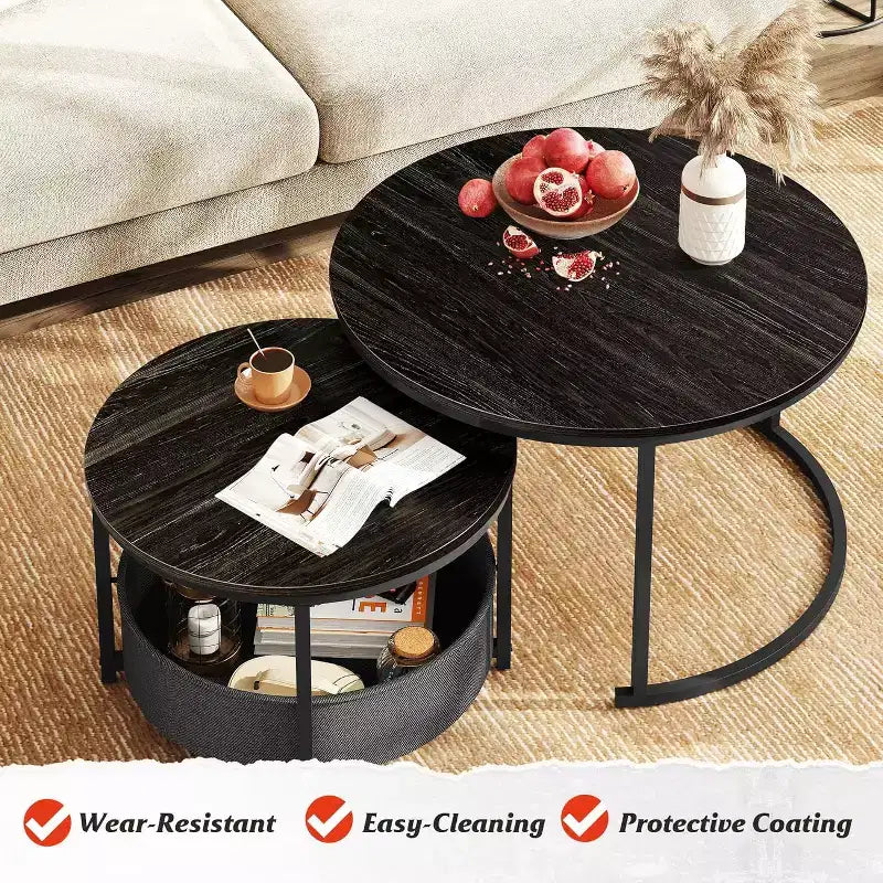 GALAXHERO set van 2 ronde nesttafels - salontafels van 31.5 met opbergruimte en metalen frame voor woonkamer/appartement