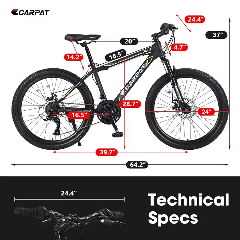 Okak mountainbike van 24 inch met stalen frame, kinderfiets met Shimano 21 versnellingen, dubbele schijfremmen en vering vooraan, fiets voor tieners