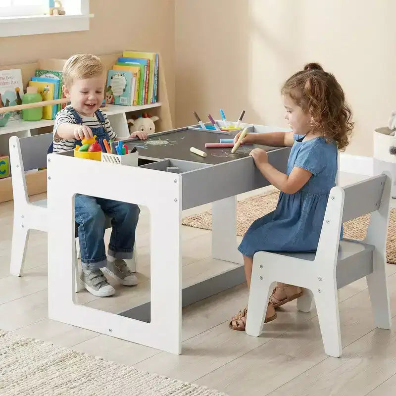 Costway multifunktionales Kindertisch- und 2-Stühle-Set mit abnehmbarer, doppelt großer Tischplatte, Grau + Weiß/Natur + Weiß