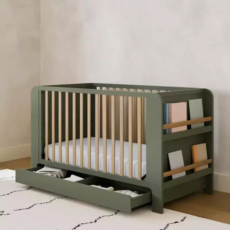 Lit de bébé convertible 4-en-1 avec tiroir et bibliothèques amovibles, sommier réglable
