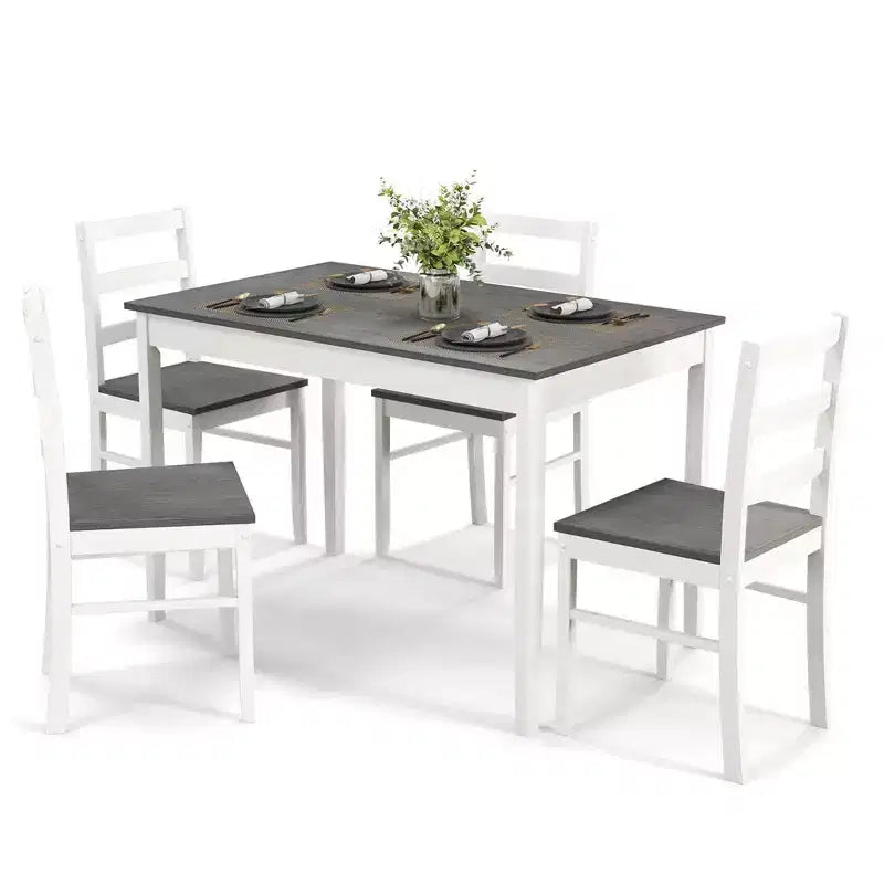 Costway 5-teiliges Esszimmer-Set aus Massivholz, Küchenmöbel mit rechteckigem Tisch und 4 Stühlen, Natur/Kaffee/Grau