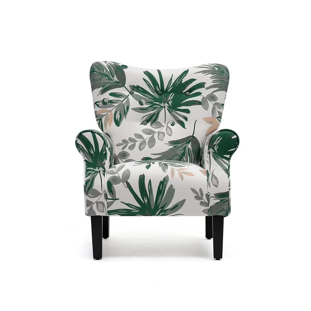 Erommy moderne fauteuil, fauteuil met hoge rugleuning, gestoffeerde eenzitsbank met knopen en houten poten voor de woonkamer