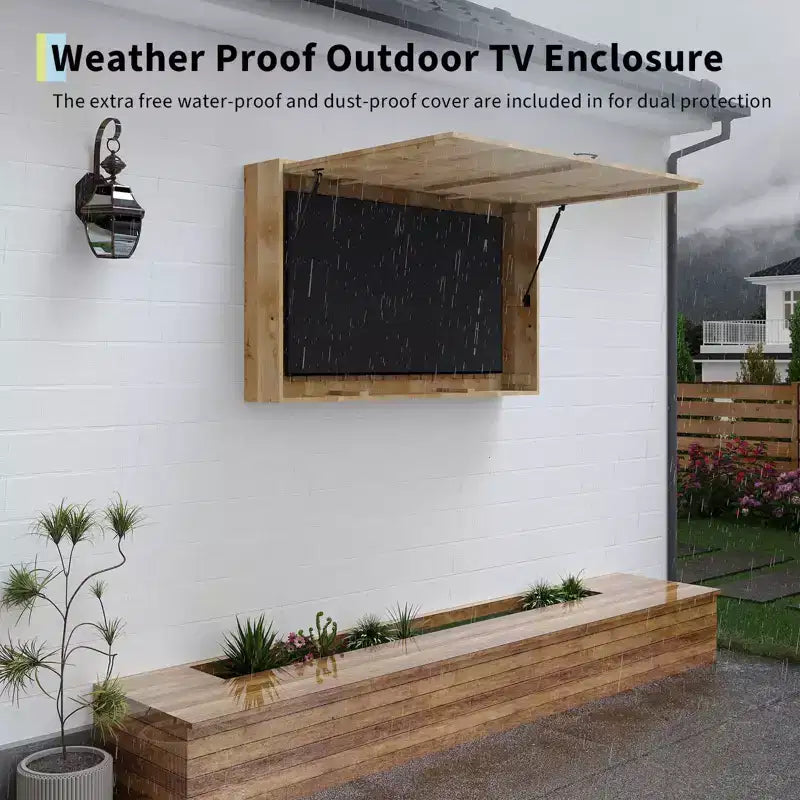 Abri pour téléviseur d’extérieur de 55 in, protection étanche en bois massif avec support réglable 4D et porte rabattable (compatible avec les téléviseurs de 44-55 in)