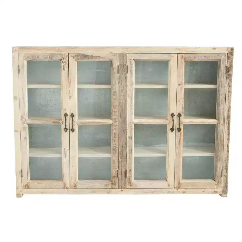 Armoire de rangement haute de 40, en bois récupéré et métal, à 4 portes vitrées, marron