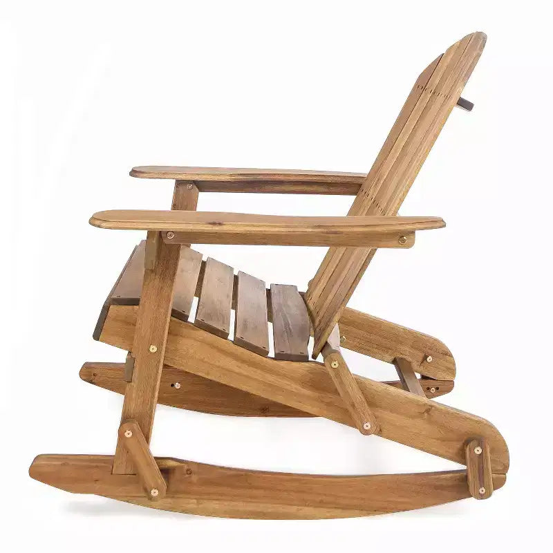 Okak rustikaler Adirondack-Schaukelstuhl aus hochwertigem Akazienholz, 1 Stück, gemütlicher Outdoor-Sessel für Veranda, Hinterhof und Garten, naturfarben