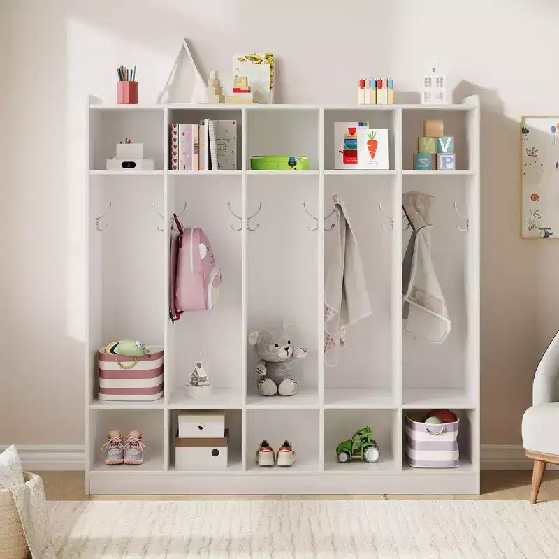 Vestiaire scolaire à 5 sections avec 10 casiers, meuble de rangement avec 10 crochets pour la maison, l’école, la crèche et la maternelle