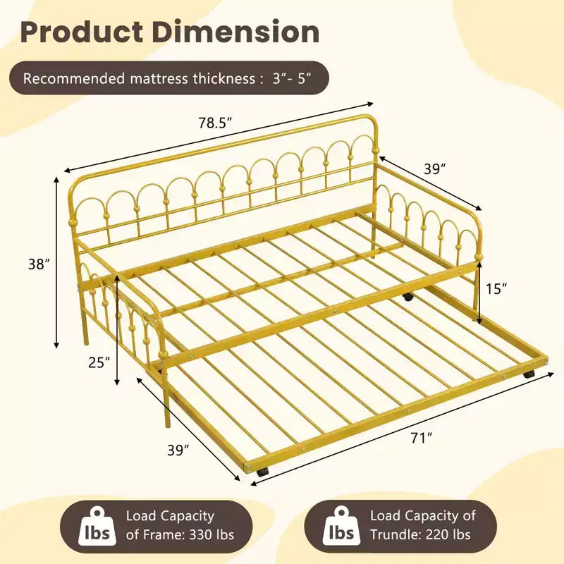 Daybed Costway in metallo singolo con letto estraibile, salvaspazio, trasformabile in divano, ruote con blocco, oro