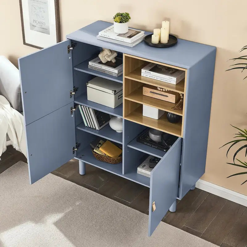 Multifunktionaler Aufbewahrungsschrank mit Tür, modernes Sideboard, Aufbewahrungsschrank aus Holz, Schubladenschrank mit Ledergriffen
