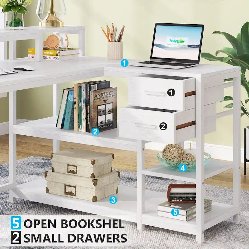 Schreibtisch in L-Form mit Schublade, Eckschreibtisch fürs Homeoffice mit Ablagefächern und Monitorständer, rustikaler PC-Schreibtisch für kleine Räume