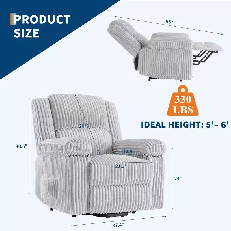 Fauteuil inclinable en velours côtelé, canapé inclinable manuel avec poignée, accoudoirs à plateau rembourré, rembourrage épais, poche latérale, salon, chambre, salle de cinéma maison, gris foncé