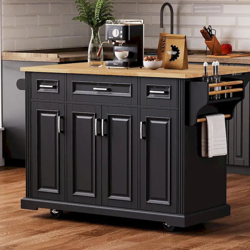 Isola da cucina grande da 54  con piano ribaltabile in legno di caucciù, carrello da cucina con texture in rilievo, 4 ruote, 4 ante e 3 cassetti