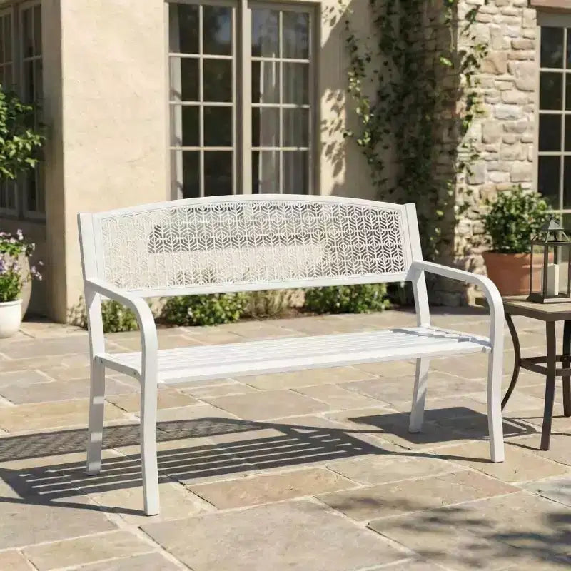 Banc d’extérieur en métal pour 2 personnes, mobilier de jardin en acier avec dossier géométrique pour patio, jardin et véranda