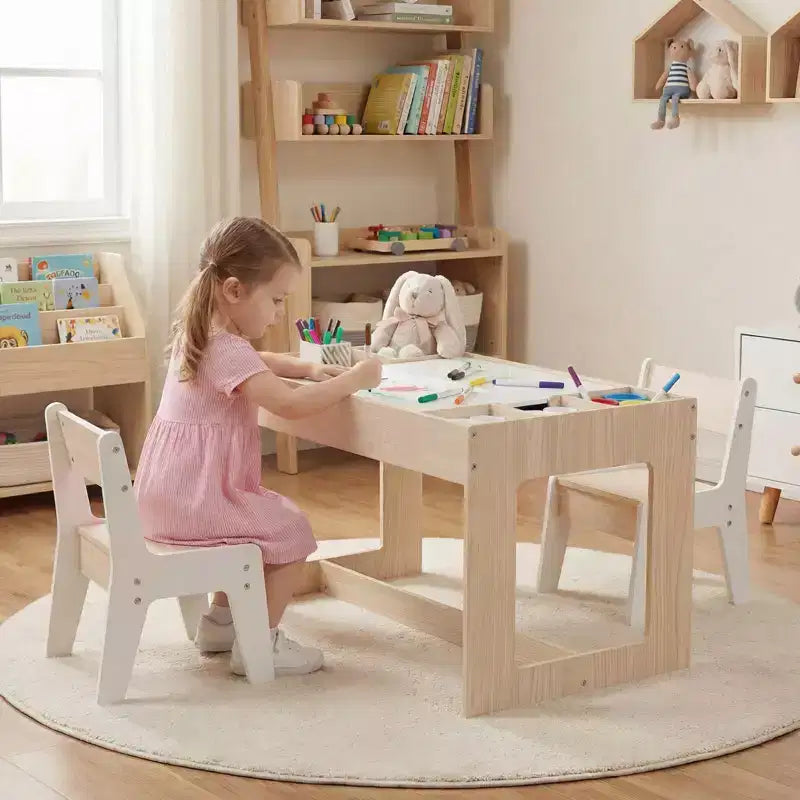 Costway multifunktionales Kindertisch- und 2-Stühle-Set mit abnehmbarer, doppelt großer Tischplatte, Grau + Weiß/Natur + Weiß