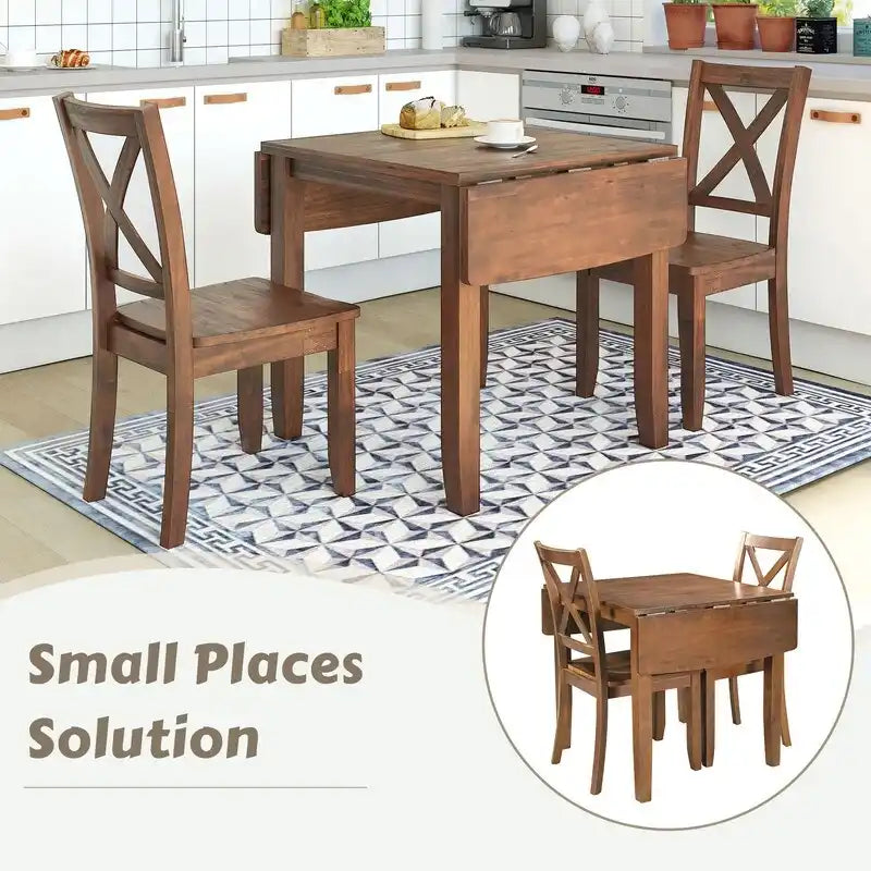 Ensemble de table de petit-déjeuner en bois à abattants, 3 pièces, avec 2 chaises à dossier en X, pour petits espaces
