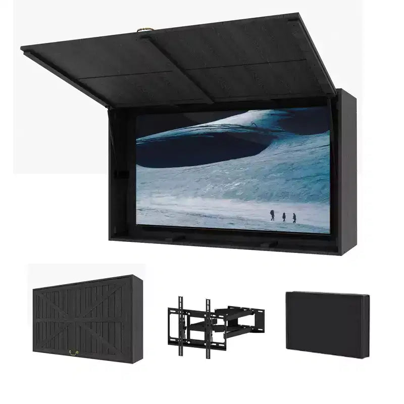 Mobile copri TV da esterno da 55 in, in legno massello impermeabile, con supporto regolabile 4D e anta ribaltabile (per TV da 44-55 in)