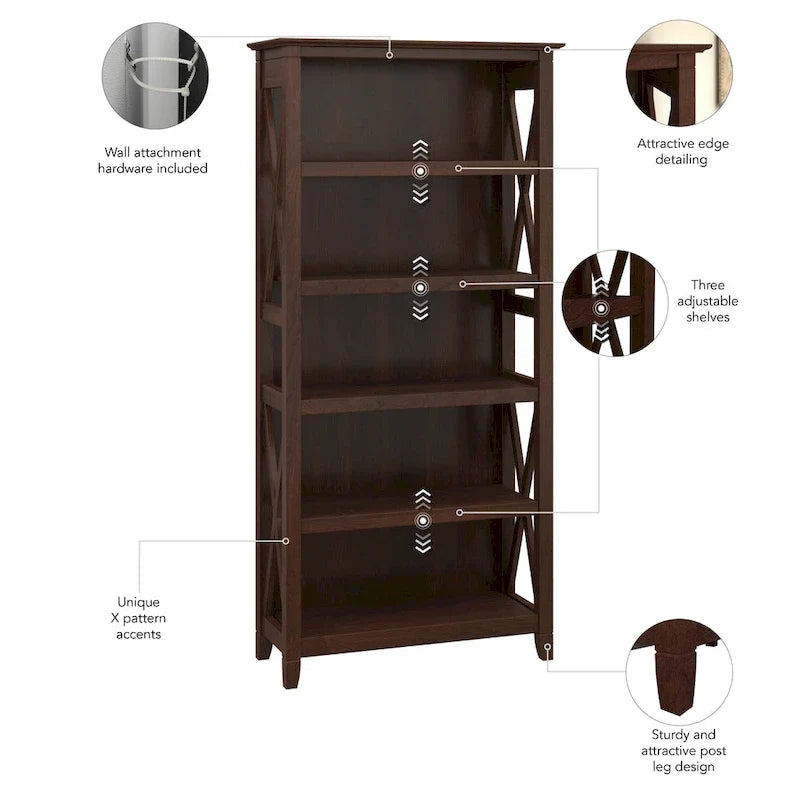 Boekenkast met 5 planken uit de Key West-serie van Bush Furniture