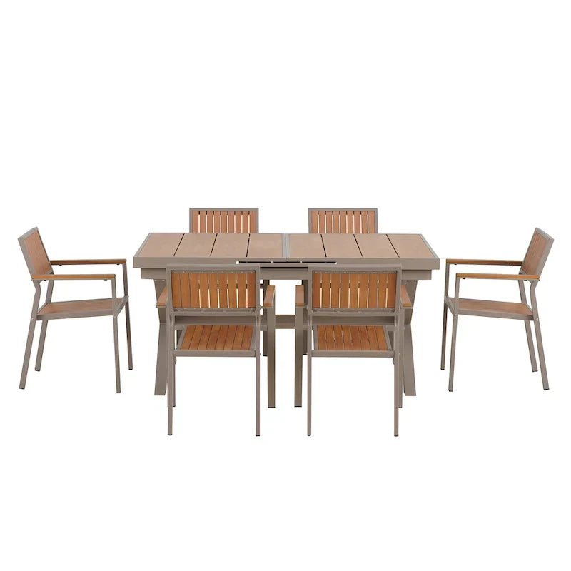 7-delige uitschuifbare eethoek voor buiten met uitschuifbare tafel en 6 stoelen met armleuningen