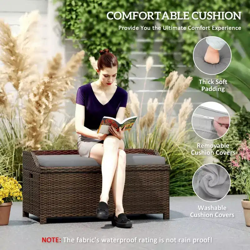 Banc de rangement extérieur en osier avec coussin