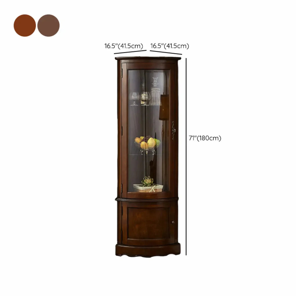 Klassischer brauner Eckschrank aus Gummibaumholz mit Glastür