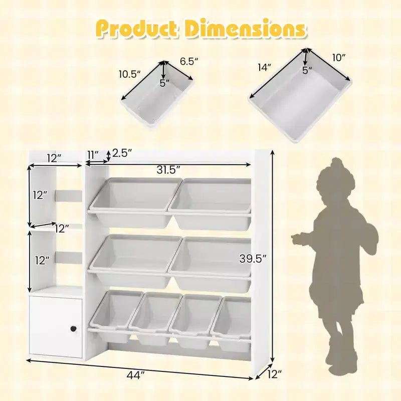 Costway Spielzeugaufbewahrung und Bücherregal für Kinder, Bücherregal aus Holz mit 4 kleinen und 4 großen Boxen, Grau/Weiß