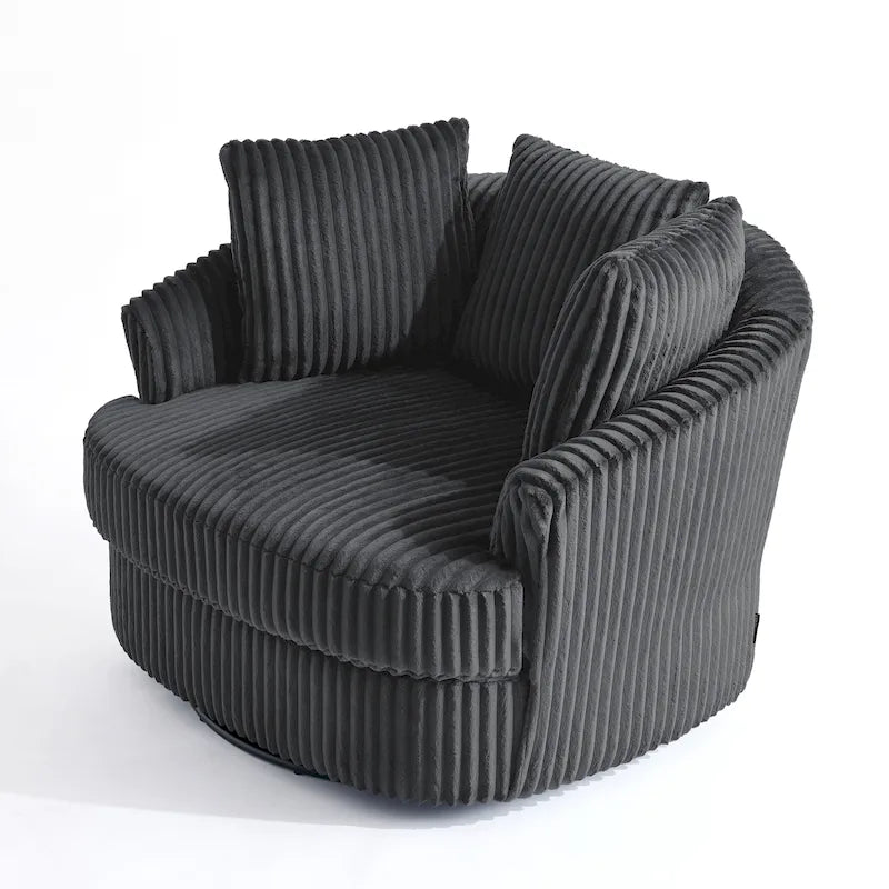 Fauteuil tonneau pivotant surdimensionné en velours côtelé moelleux, accoudoirs rentrés, 43 W
