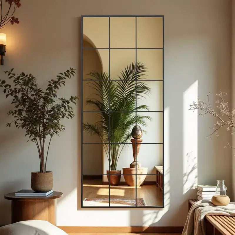 Specchio a figura intera rettangolare nero 69x30, con cornice in metallo e riquadri a finestra, per bagno, camera da letto, ingresso e soggiorno