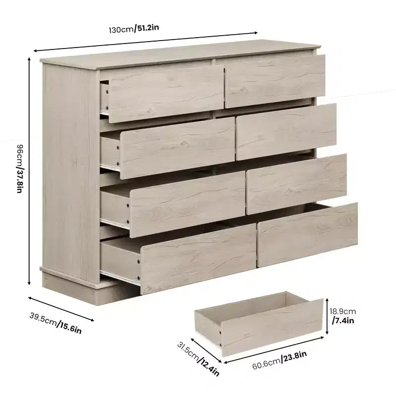 Moderne ladekast voor de slaapkamer met 8 lades, houten opbergmeubel voor de kledingkast, brede ladekast