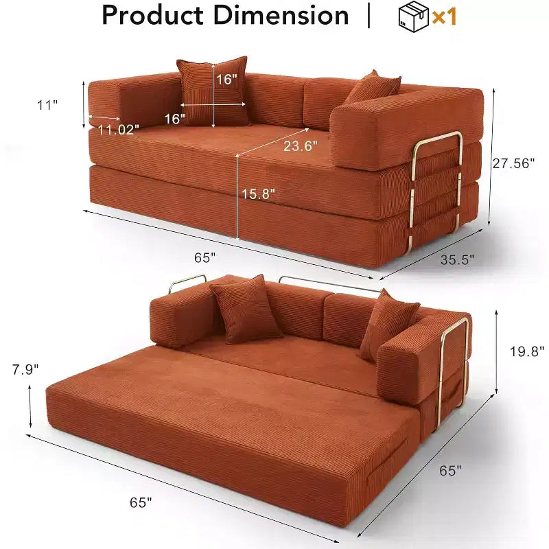 Dyonery 65-Zoll-Fünf-in-eins-Klappsofabett für den Boden, zum Doppelbett-Sofabett umwandelbar, mit festem Metallrahmen, Cord